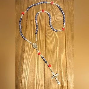 Rosary Necklace made with Blue glass pearls, clear crystals and red Rose beads.